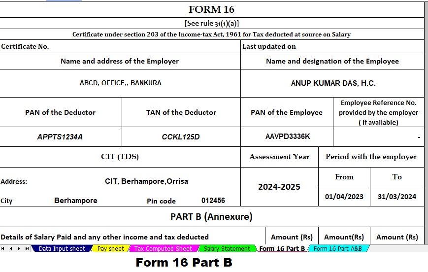 Automatic Income Tax Form 16 Part B in Excel for F.Y.2023-24